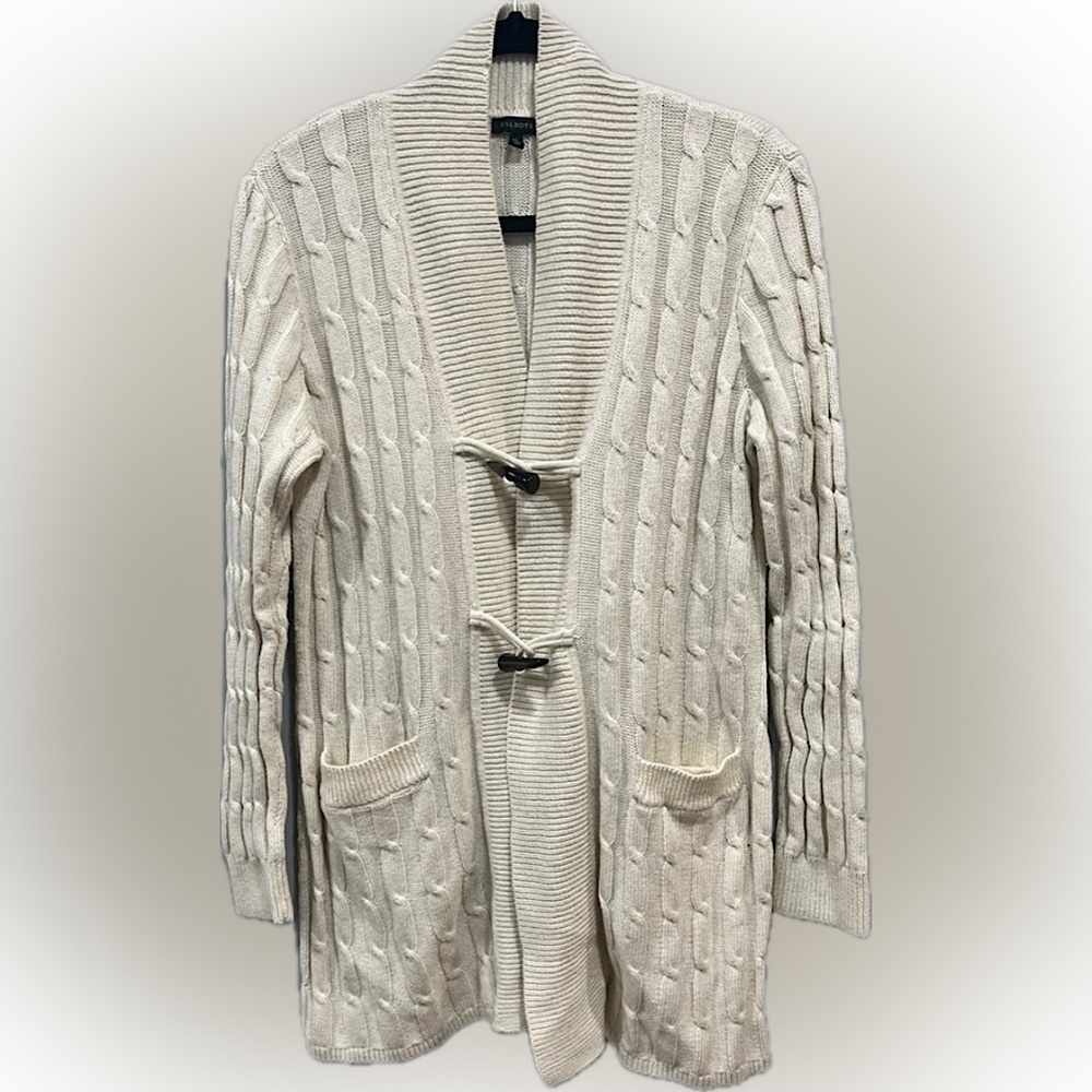 Talbots Long Fishermans Sweater Cardigan Duster Toggle Large Cream White